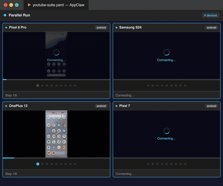AppClaw running tests across 4 devices in parallel